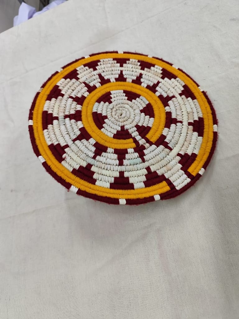 Handmade Circular Coaster - Maroon, White, and Yellow Weave view 2