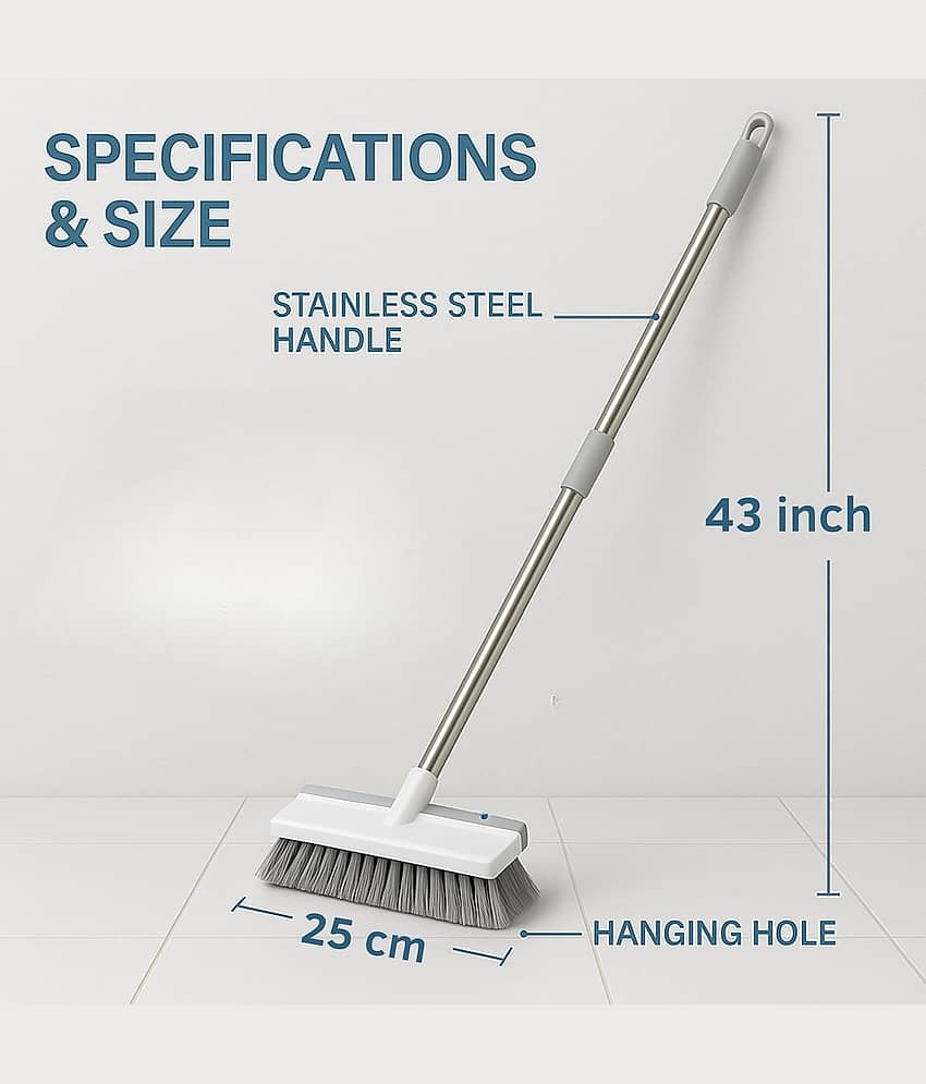 2 in 1 Bathroom Cleaning Brush with Wiper, Tile Cleaner Brush, Long Handle, White view 2