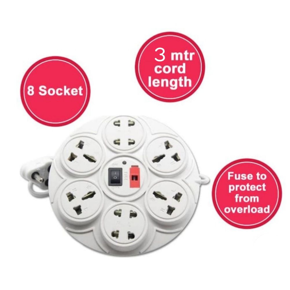 Extension Cord 8+1 Round LED Indicator Switch 3 mtr Long Cable (White) view 2