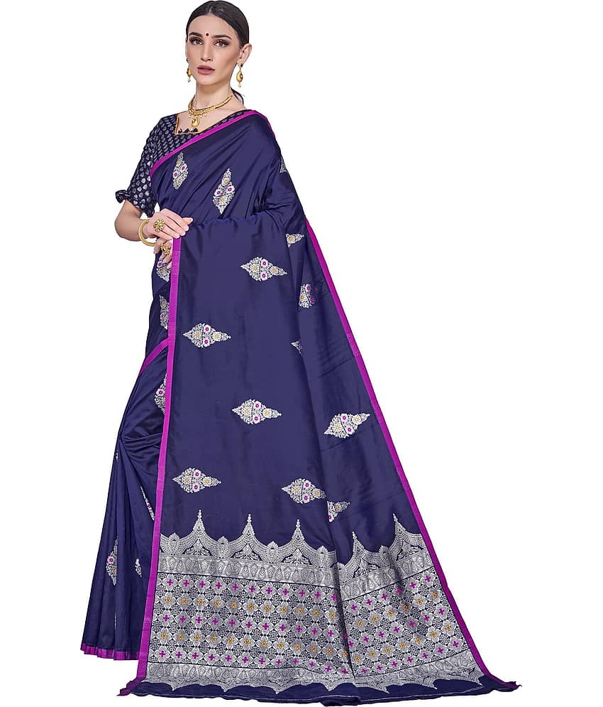Sariya Jacquard Embellished Saree With Unstitched Blouse Piece ( Navy Blue ) view 2