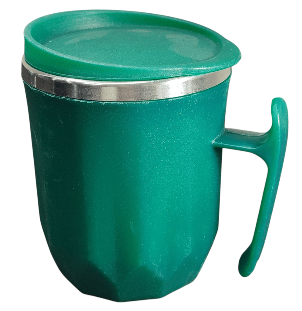 Double Walled Green Plastic and Steel Coffee Mug with Lid, Durable & Stylish Coffee/Tea Cup, Leak proof