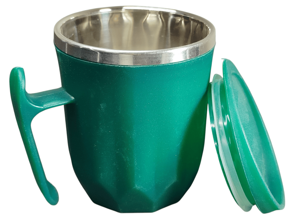Double Walled Green Plastic and Steel Coffee Mug with Lid, Durable & Stylish Coffee/Tea Cup, Leak proof view 2