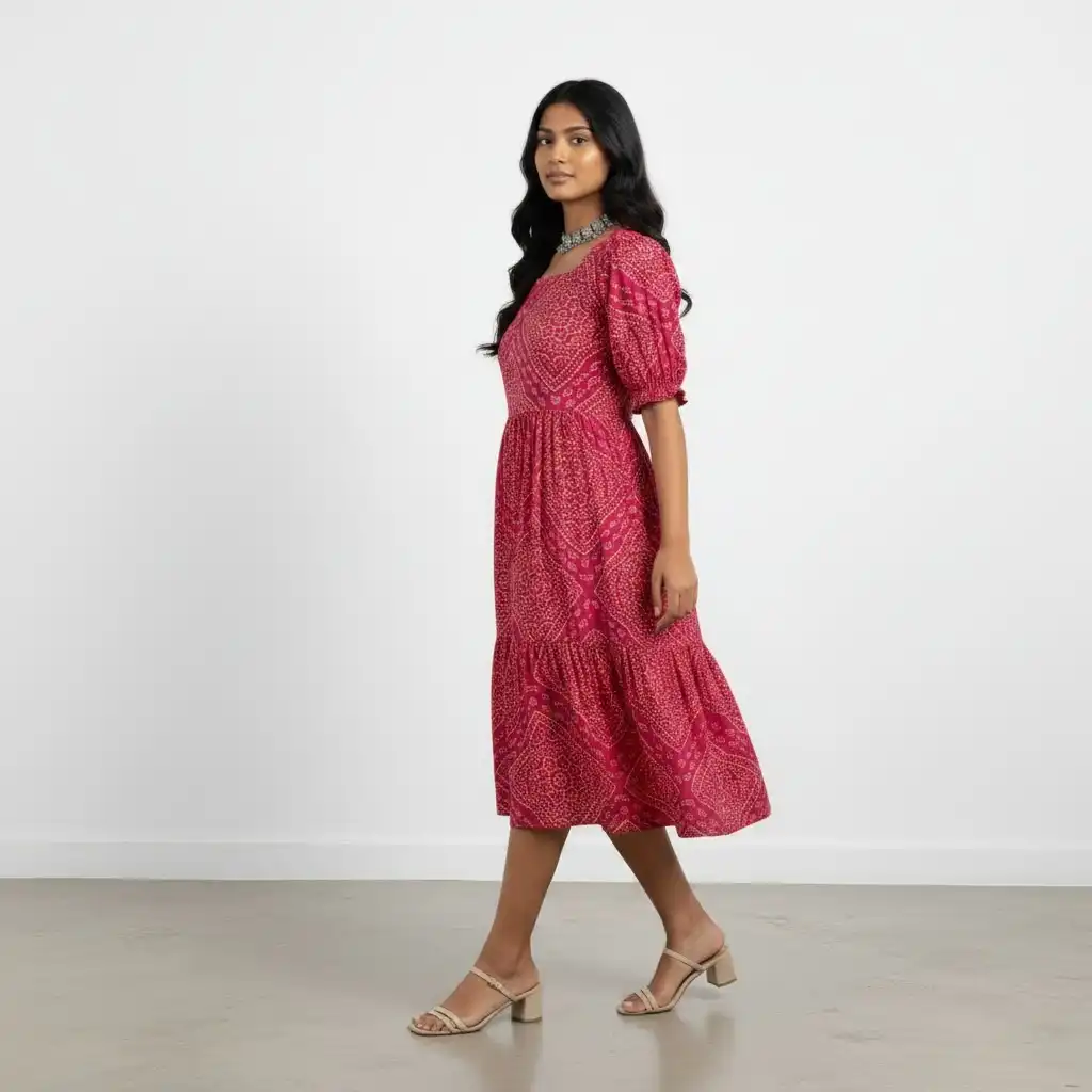 Magenta Pink Screen-Printed Bandhani Cotton Kurti from Mangalagiri view 2