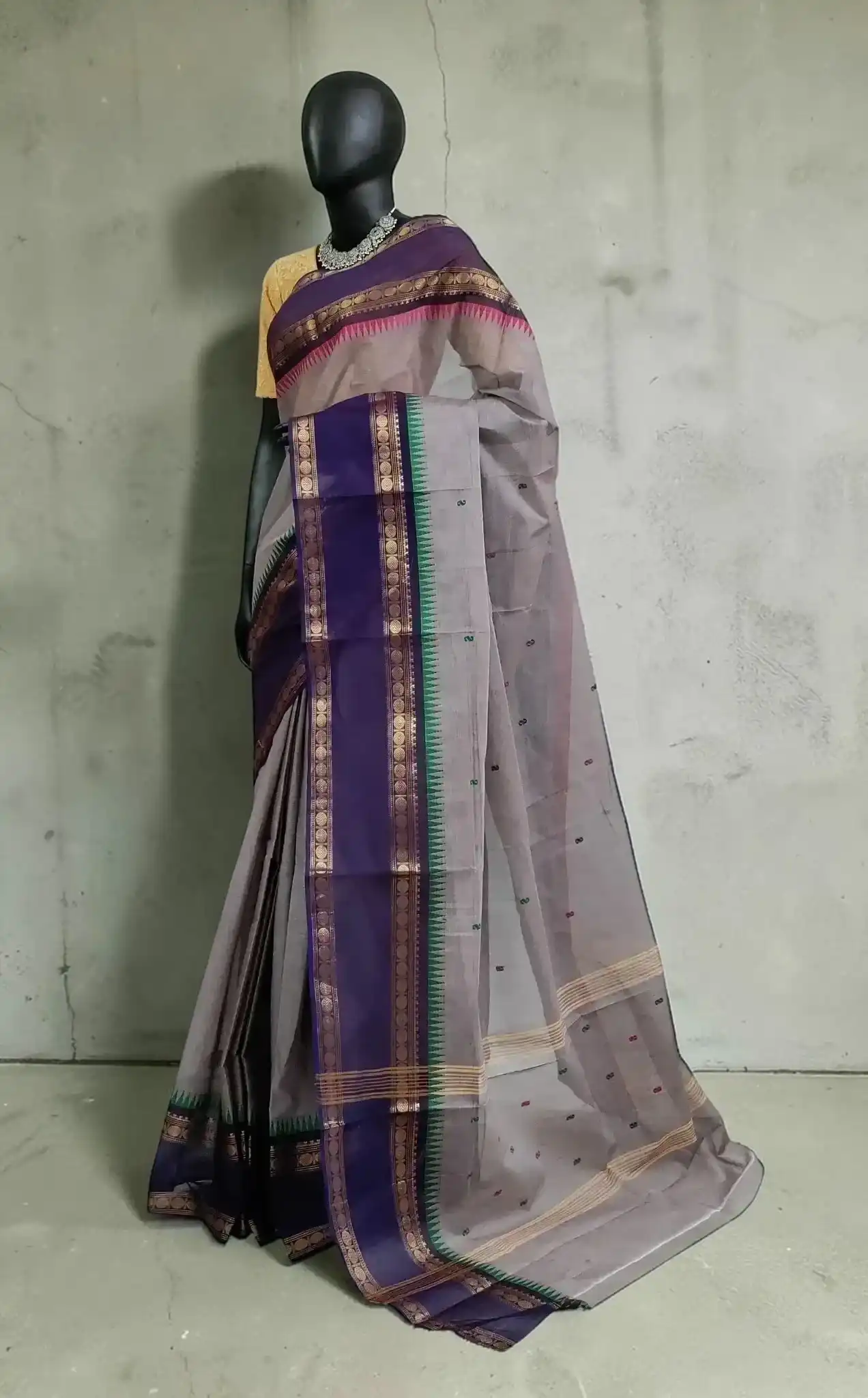 Handwoven Kanchipuram Cotton-Silk Saree in Grey with Contrast Border view 2