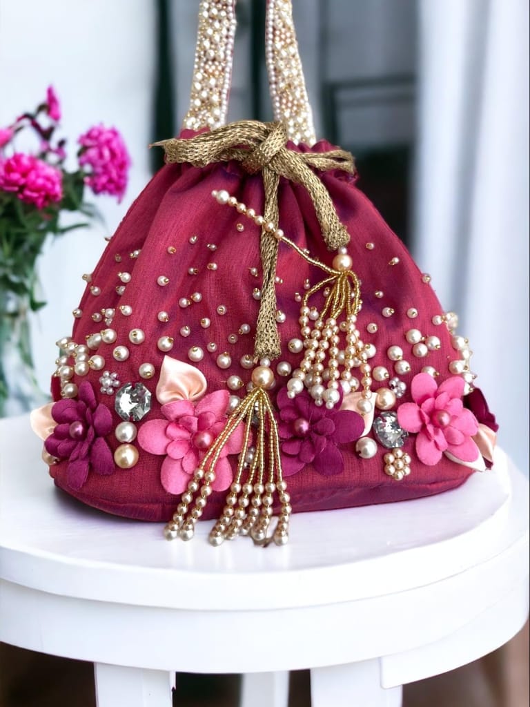 Art By Chaitasi Elegant Handmade Red Premium Raw Silk Potli Bag for ladies | bucket bag style and wedding with Stone, Pearl, and handwork with pearl handle view 2
