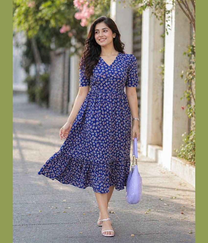 Parnavi Women Cotton Printed Fit & Flare Dress ( Blue )