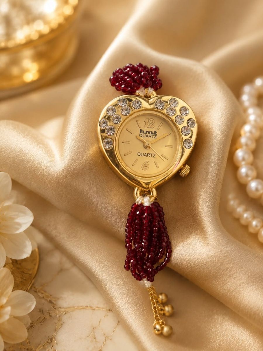 HMT Heart Shape Stone Studded Quartz Watch with Bead Tassels view 2
