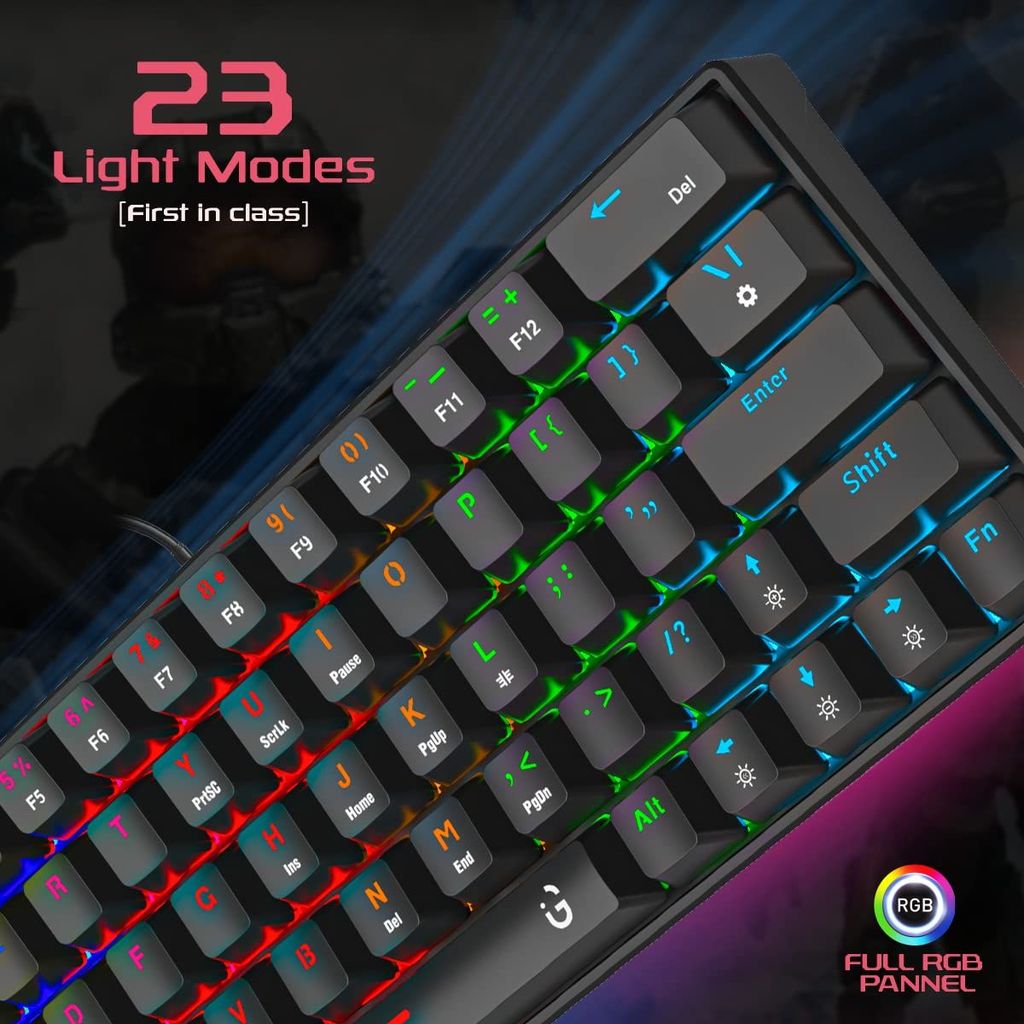 iGear Raptor 60% Wired RGB Gaming Keyboard, 63 Keys Compact Mechanical Keyboard, Software Supported, 64 RGB Backlit Keys, 23 Light Modes, 1.5m Braided Type C Detachable Cable,1 Year Warranty(Black) view 2