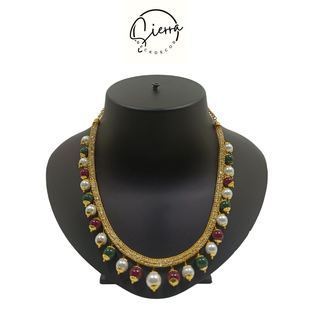 Sierra Luxury Handcrafted Gold Plated Necklace Jewellery Set with Earrings, AD, Pearl - Multicolor view 2