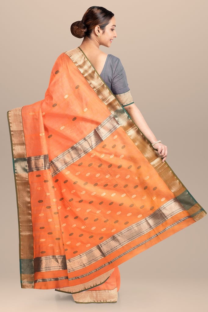 Aerospace Orange Rudraksh Buti Handwoven Sausar Silk Saree with Zari Border SKU-BS10059 view 2