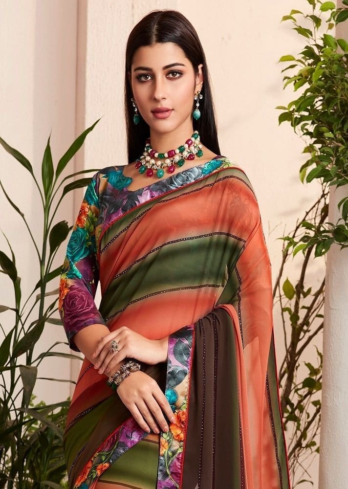 Digital Printed Georgette Saree in Multicolor view 2