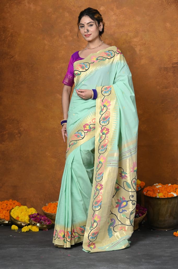EXCLUSIVE! VMI Designed Handloom Pure Cotton Paithani With Traditional Handloom Border ~ Sea Green (2.5 months of weaving) view 2