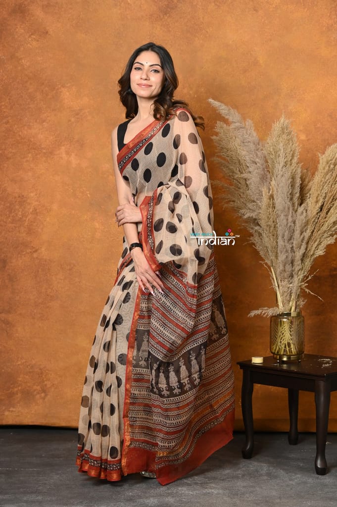 Mastaani ~ Handblock Printed Cotton Saree With Natural Dyes - White view 2