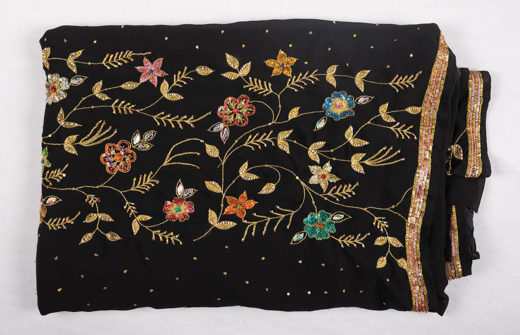Black Saree With Floral Embroidery And Zari Border view 2