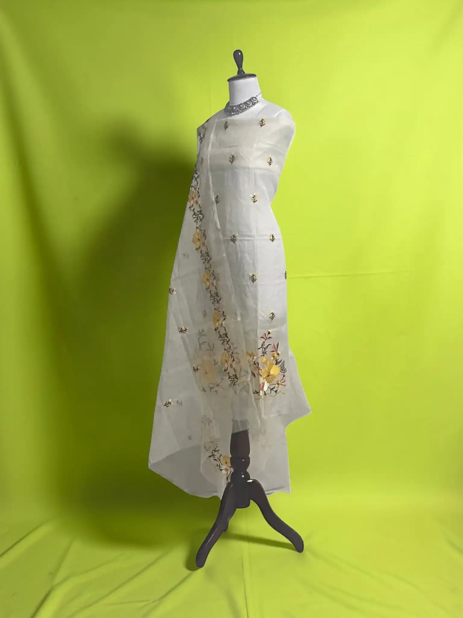 Handwoven Kota Doria Dress Material with Hand-Embroidered Floral Motifs view 2