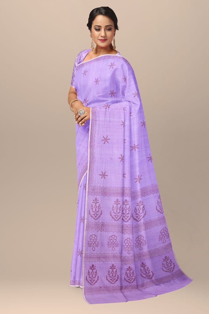 Lavender Floral Motif Handwoven Hand Block Print Sausar Silk Saree SKU-AS10028 view 2