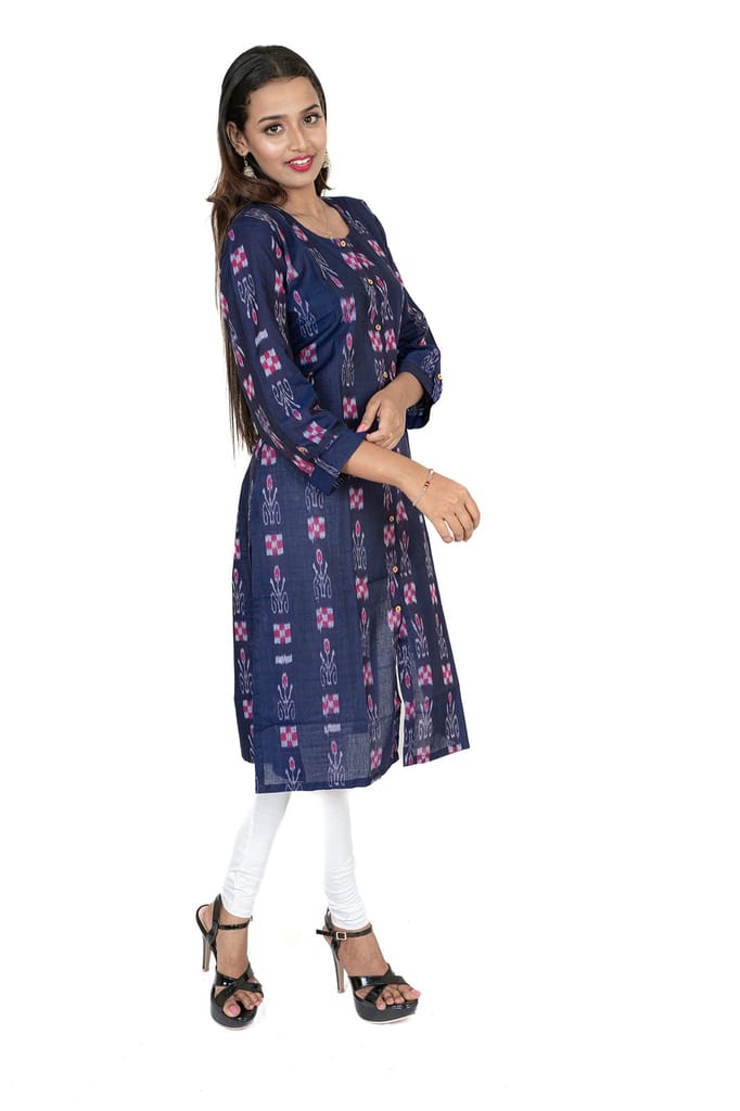 GHL GUENDICHA HAAT Sambalpuri Certified Handloom Women's Pure Cotton Round Neck Front Slit Kurta view 2