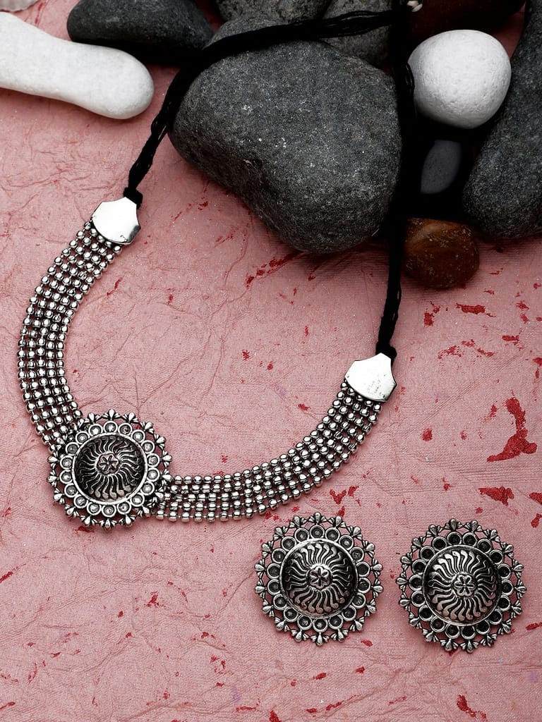 Cardinal Oxidized Silver Color Choker Necklace Set view 2