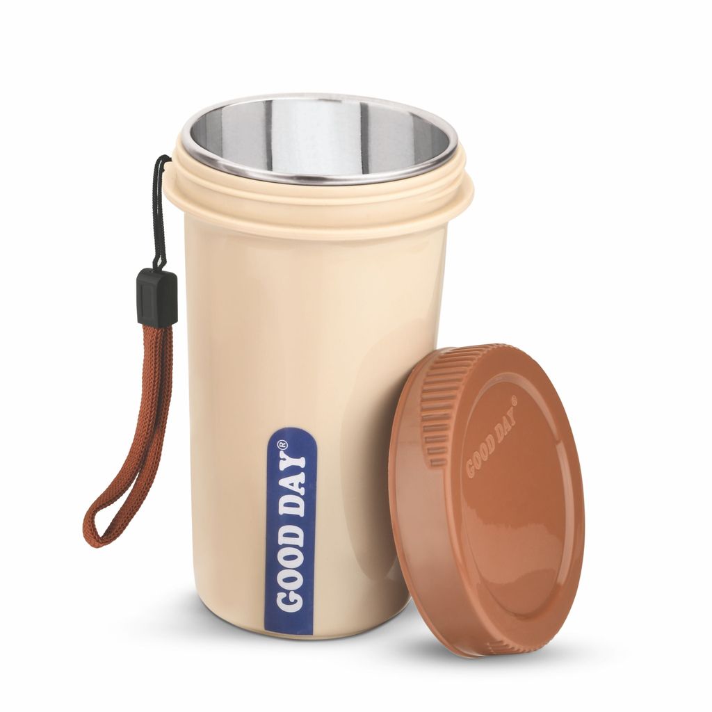Good Day Easy Meal Tumbler with Strap & Inner Steel Glass, Reusable Travel Mug,Perfect for Coffee, Tea, and Juices (Brown) view 2