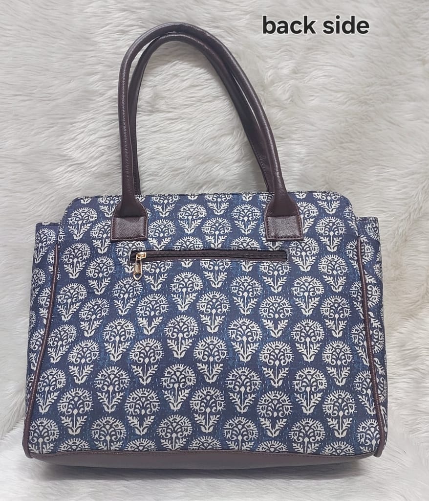 Blue cotton azrak print jute Tote Bag view 2