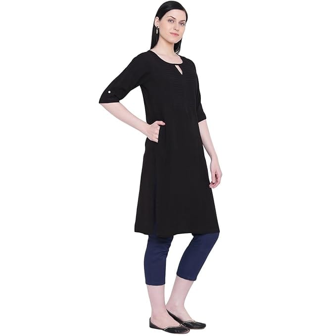Black Rayon Embroidered A-Line Kurta with Round Neck and 3/4th Sleeves view 2