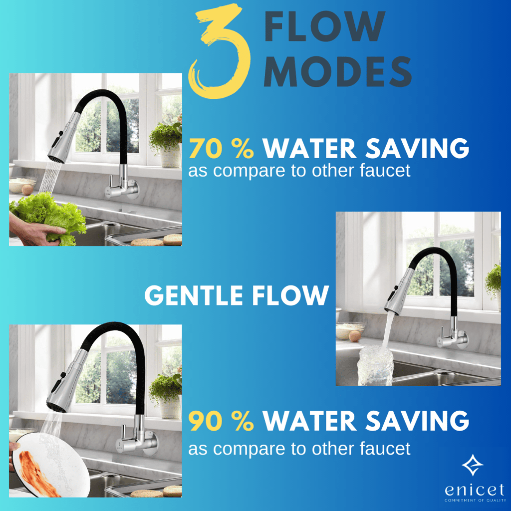 Enicet 3 Flow Sink Tap With Flexible Spout, Brass Build, Swinging Spout, Sink Tap for Kitchen view 2
