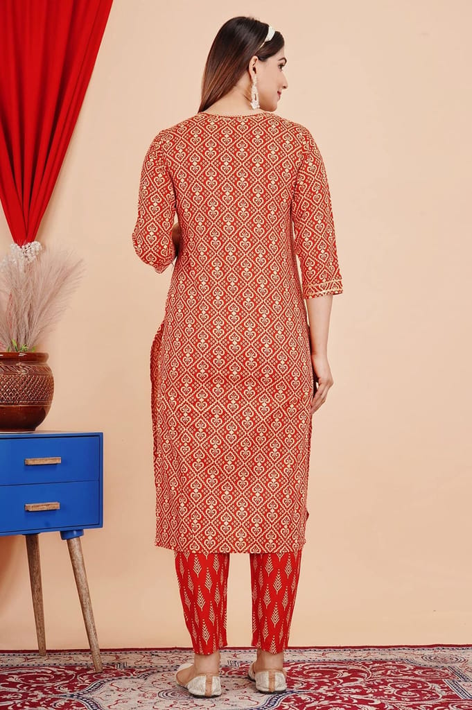MANMAYEE Women's Rayon Mirror Work On Yoke Straight Kurti with Pant & Dupatta | 3 Piece Kurti Set view 2