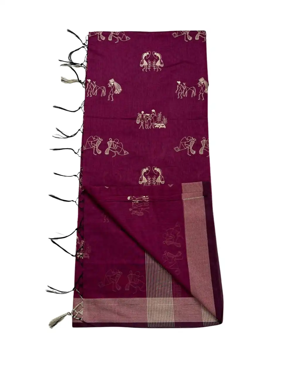 Saura Art Cotton Saree Wine Burgundy Tribal Figure Buti view 2