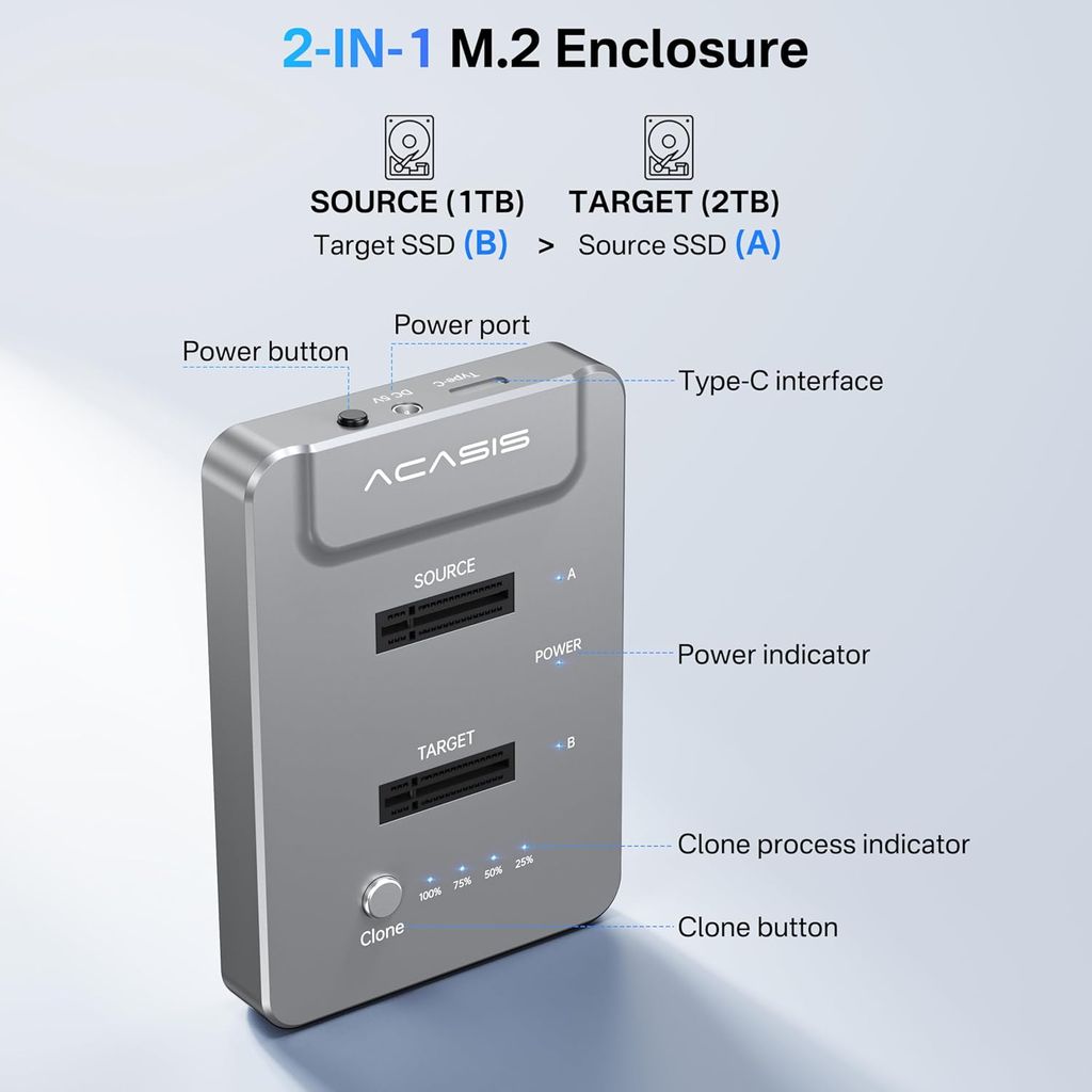 ACASIS type C USB 10Gbps to NVME Clone Dual-Bay External Duplicator for M.2 SSD 2230/2242/ 2260/2280,Supports up to 8TB with Offline Clone Auto Sleep view 2