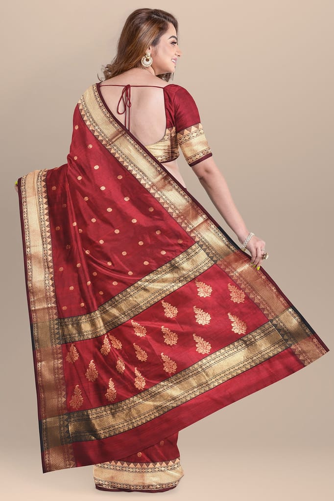 Maroon Handwoven Traditional Floral Buta Chanderi With Golden Zari Border SKU - BS10141 view 2