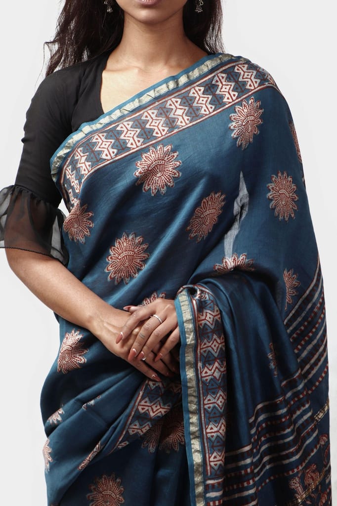 Kaisori Malhar - Dabu Pharad Light Indigo handblockprinted Silk Cotton saree view 2