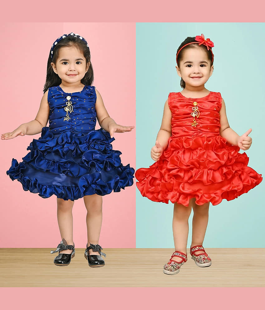 IMON BASID Pack of 2 Baby Girls Silk Frock ( Red & Blue )