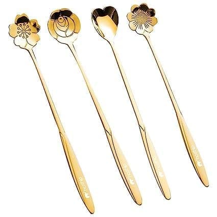 Golden Spoon Set/Coffee Spoon/Dessert Spoon/Cutlery Kitchen Tableware/Stainless Steel Gold Flower Shape Coffee Spoon with Package Bag 18cm, 4 Pcs Different Coffee Spoon view 2