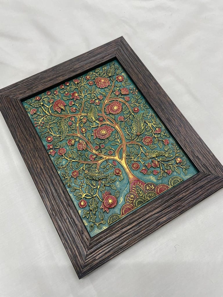 Framed Tree of Life Wall Art, Textured Relief, Teal Green with Red Flowers, Wooden Frame, Decorative Home Decor Size (30 * 36 cm) view 2