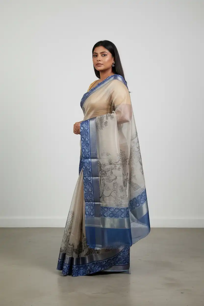 Kota Doria Cotton-Silk Saree with Peacock Block Print and Zari Border