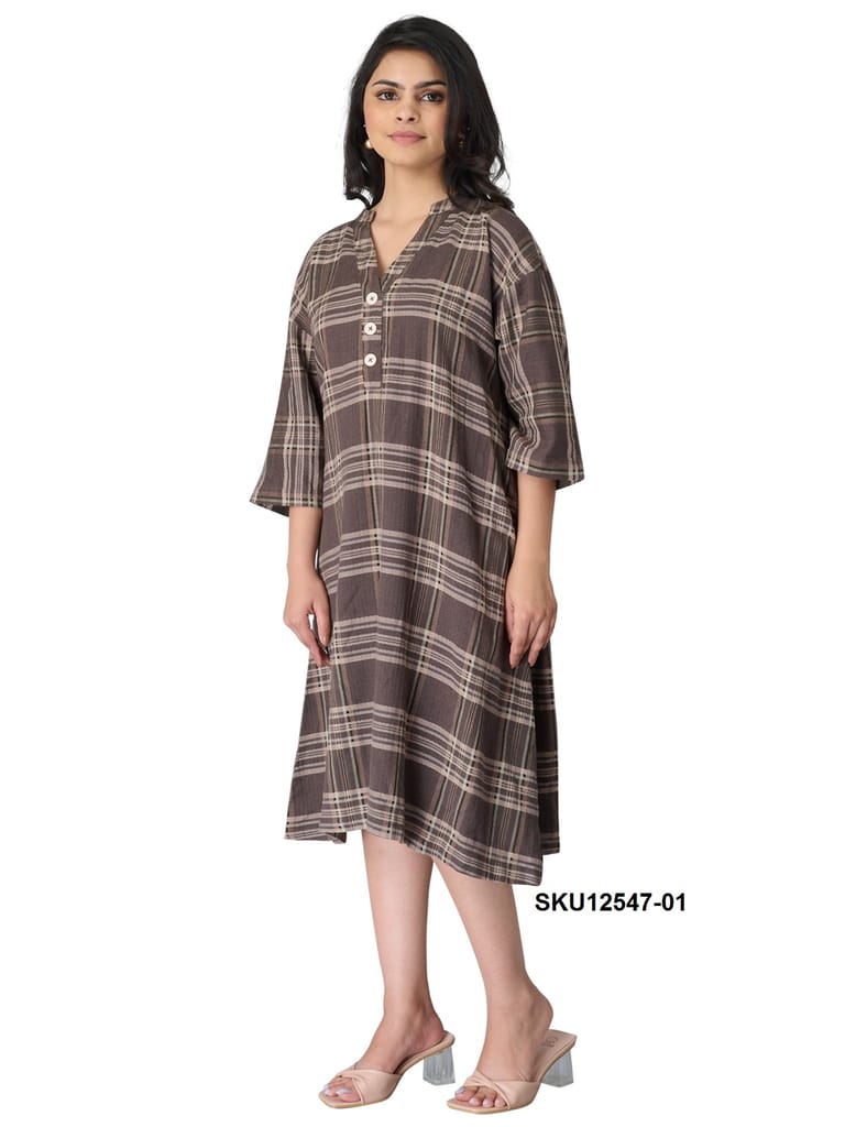Women's Plaid Brown Cotton Midi Dress with 3/4 Sleeves view 2
