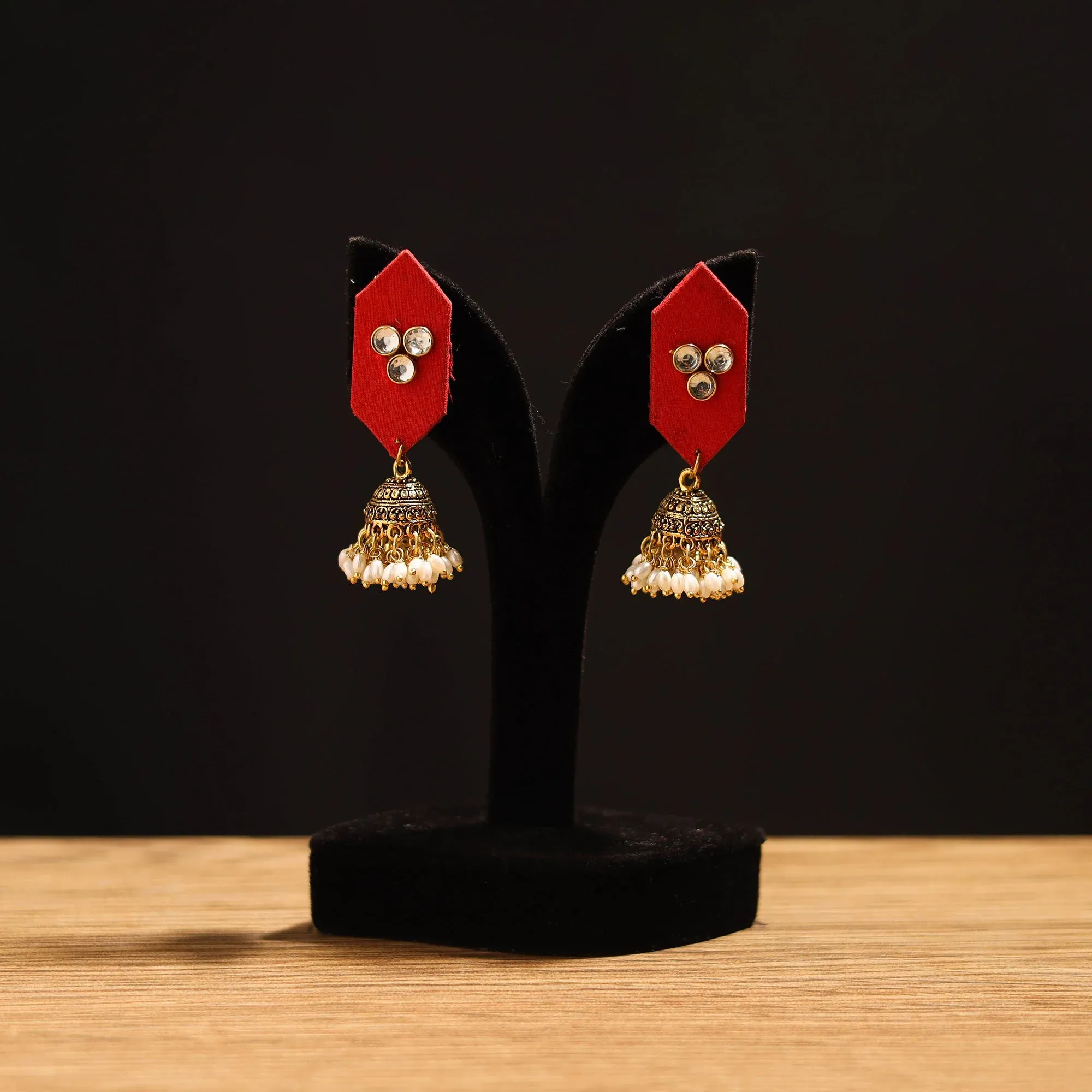 Red - Mariam Stone Work Fabart GS Jhumka Earrings view 2