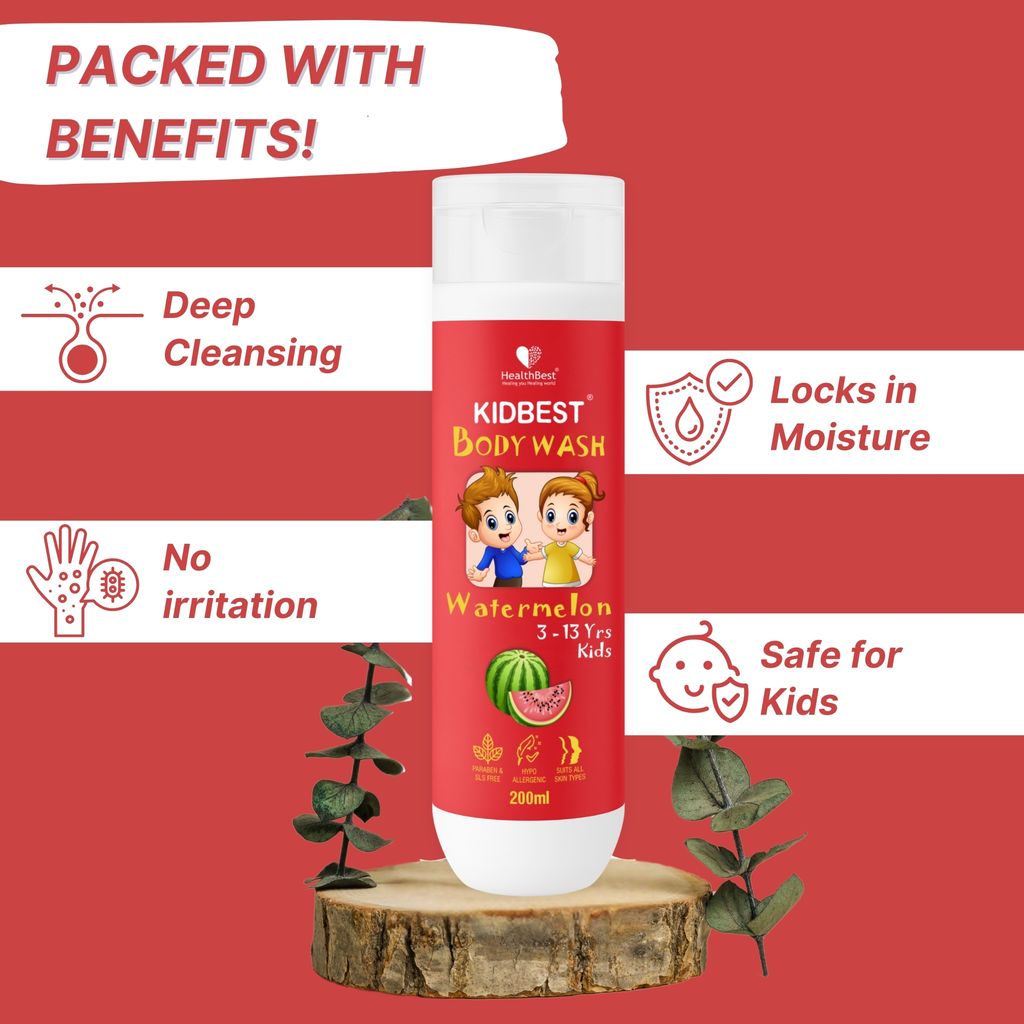 HealthBest Kids Body Wash - 200ml Tear Free Top to Toe Shower Gel for Baby with Aloe Vera, Shea Butter & Lavender Oil, Hydrating & Nourishing Cleanser for Soft & Smooth Skin, Tear, Paraben and SLS-Free view 2