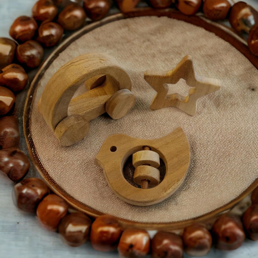 Neemtoys Neem Wooden Pack of 3 Teethers Rattle Wheel Toy Shapes for Babies, Teething Toy for Babies with Multiple Textured Surface (Brown) view 2