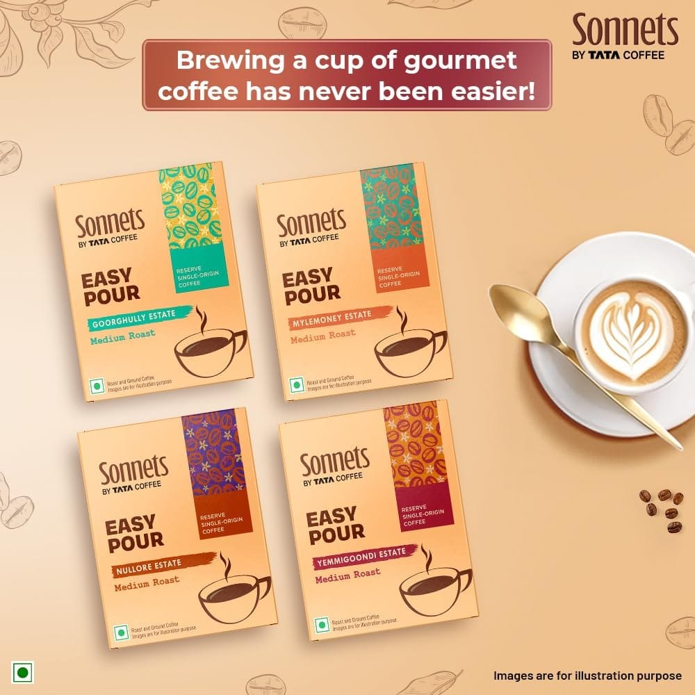 Sonnets by Tata Coffee, Easy Pour, Assorted Pack of 5, Yemmigoondi, Nullore, Mylemoney & Goorghuly Estate, Medium Roast & Ground Coffee, 5 Easy Pour Bags view 2