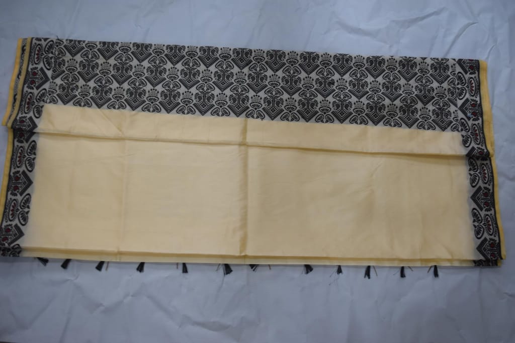 Traditional Cotton Saree with Block Print Border, Cream and Black, Handloom Style with Tassels view 2
