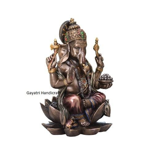 3.5 inches Lord Ganesha Bronze Finish Resin Idol on Lotus Base, Remover of Obstacles Statue for Home Temple Pooja Decor. view 2