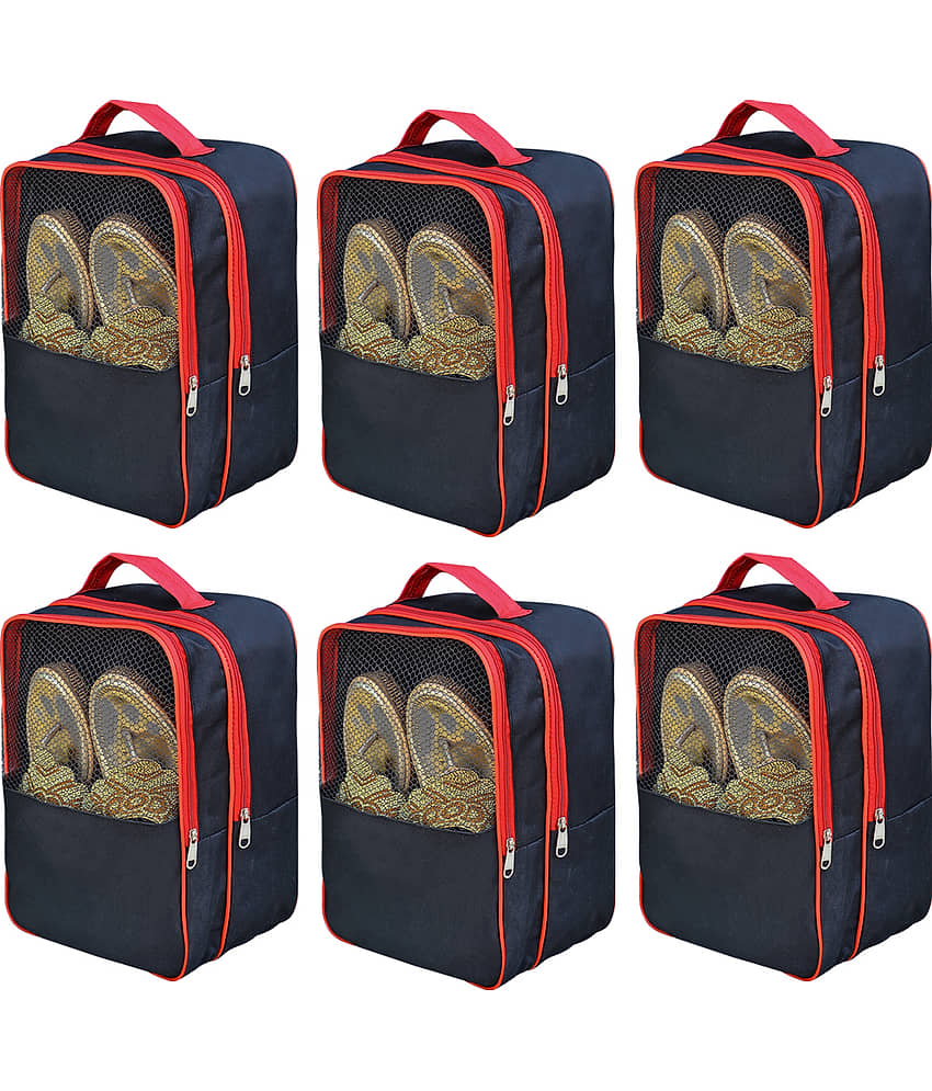 Large Shoe Storage Bag with Mesh Window, Navy Blue and Red Trim, Travel Organiser Bag for Footwear, Transparent Display Case, 30x23x14cm