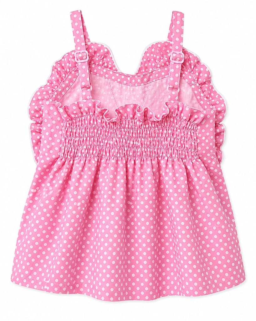 Bugyboo Pink Polka Bow Top with Cherry Denim Skirt,Girl Fashion Top view 2