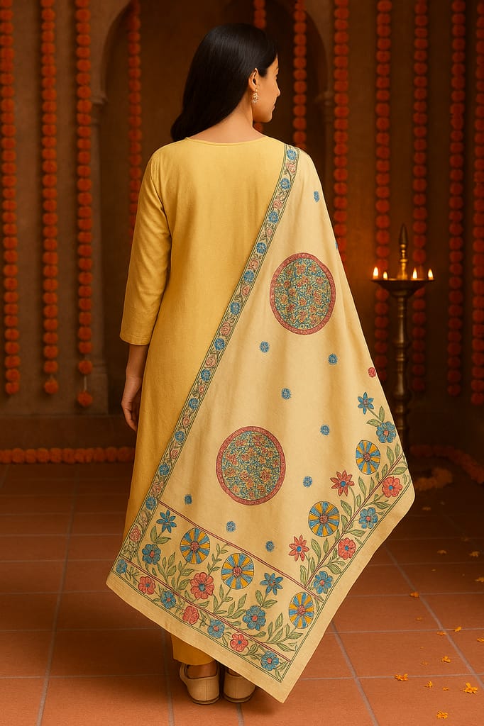 Yellow Embroidered Silk Dupatta view 2