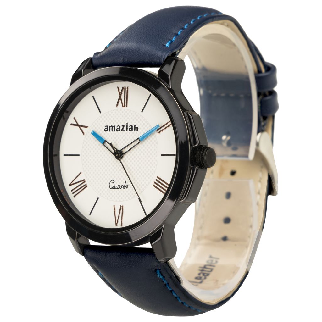 Amaziah Men's Analog Watch with Blue Dial and Black Leather Strap view 2