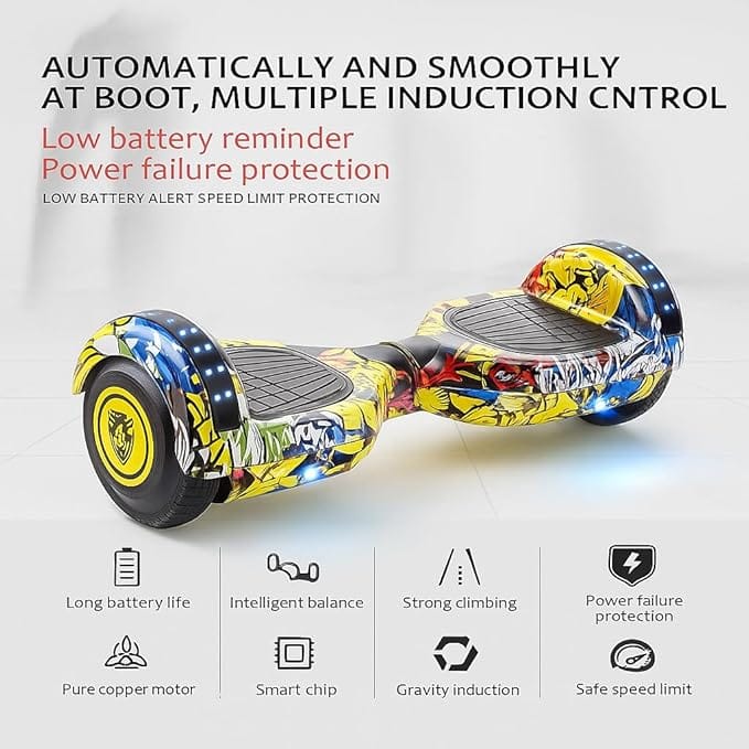 Smart Self Balancing 6.5 Inch Hoverboard for Kids & Adults with Bluetooth Speaker, LED Lights, Rechargeable Battery and Anti-Slip Foot Pads - Yellow Color view 2