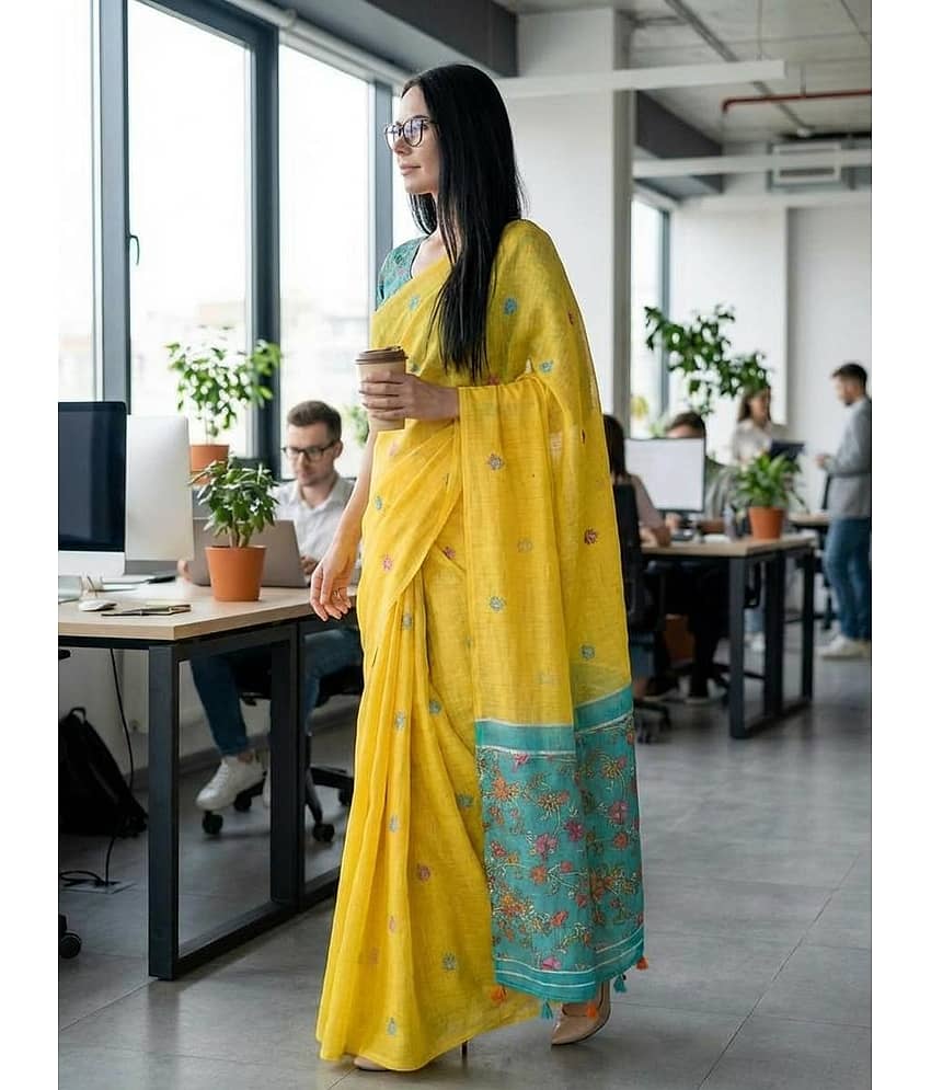 ANAND SAREES Cotton Printed Kasavu Saree With Unstitched Blouse Piece ( YELLOW ) view 2