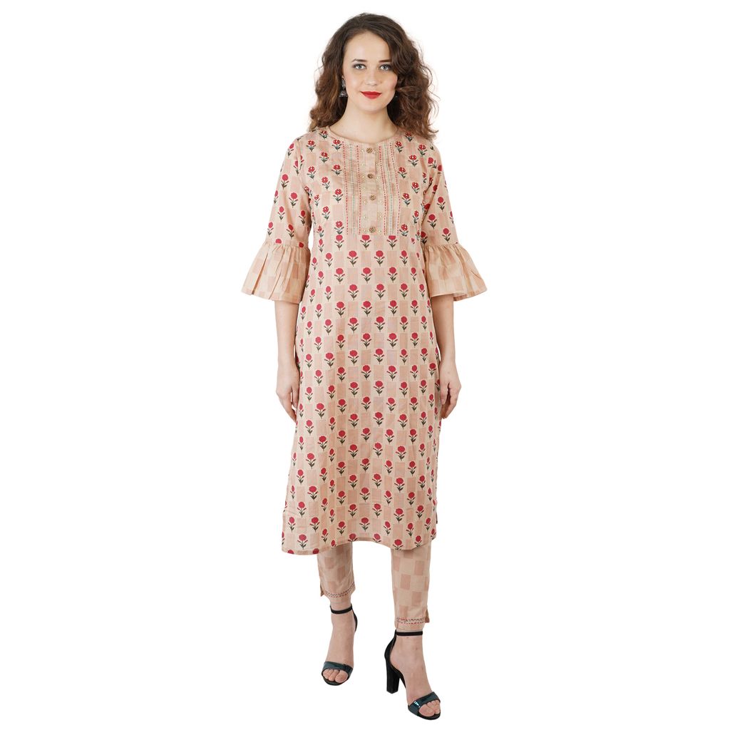 Peach Floral Printed Straight Line Kurti With Pant Set view 2