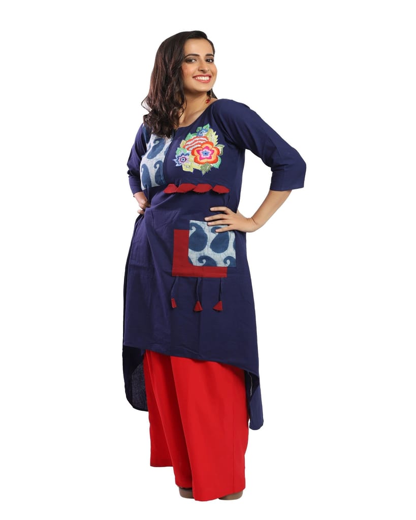 Blue Cotton Hand Embroidered Kurta view 2